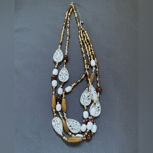Multi-Strand Brown and White Beaded Necklace with Silver Accents